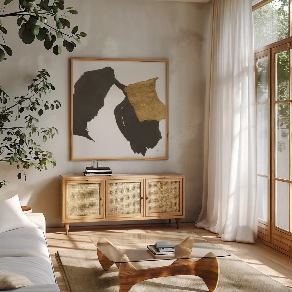 Bold Gold VI by Chris Paschke. Shown in a natural wood frame in a cozy modern living room. Available as an archival giclee rolled canvas, fine art paper, or poster print. SKU 86816a.