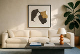 Bold Gold VI by Chris Paschke. Displayed in a glass frame with matte in a clean modern living room. Available as an archival giclee rolled canvas, fine art paper, or poster print. SKU 86816a.