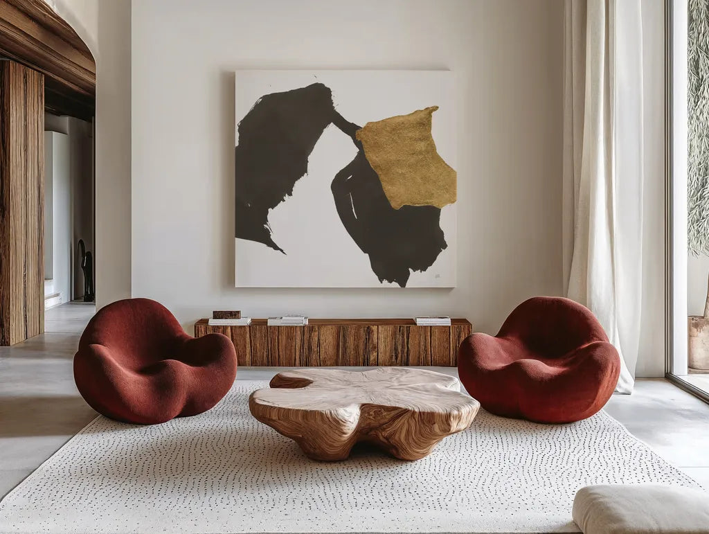 Bold Gold VI by Chris Paschke. Shown as extra-large giant wall art in a modern living room. Available as an archival giclee rolled canvas, fine art paper, or poster print. SKU 86816a.