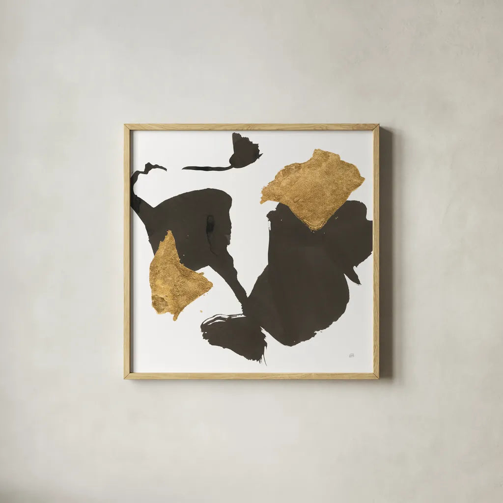 Bold Gold VII by Chris Paschke. Shown in a natural wood glass frame for a timeless modern aesthetic. Available as an archival giclee rolled canvas, fine art paper, or poster print. SKU 86817a.