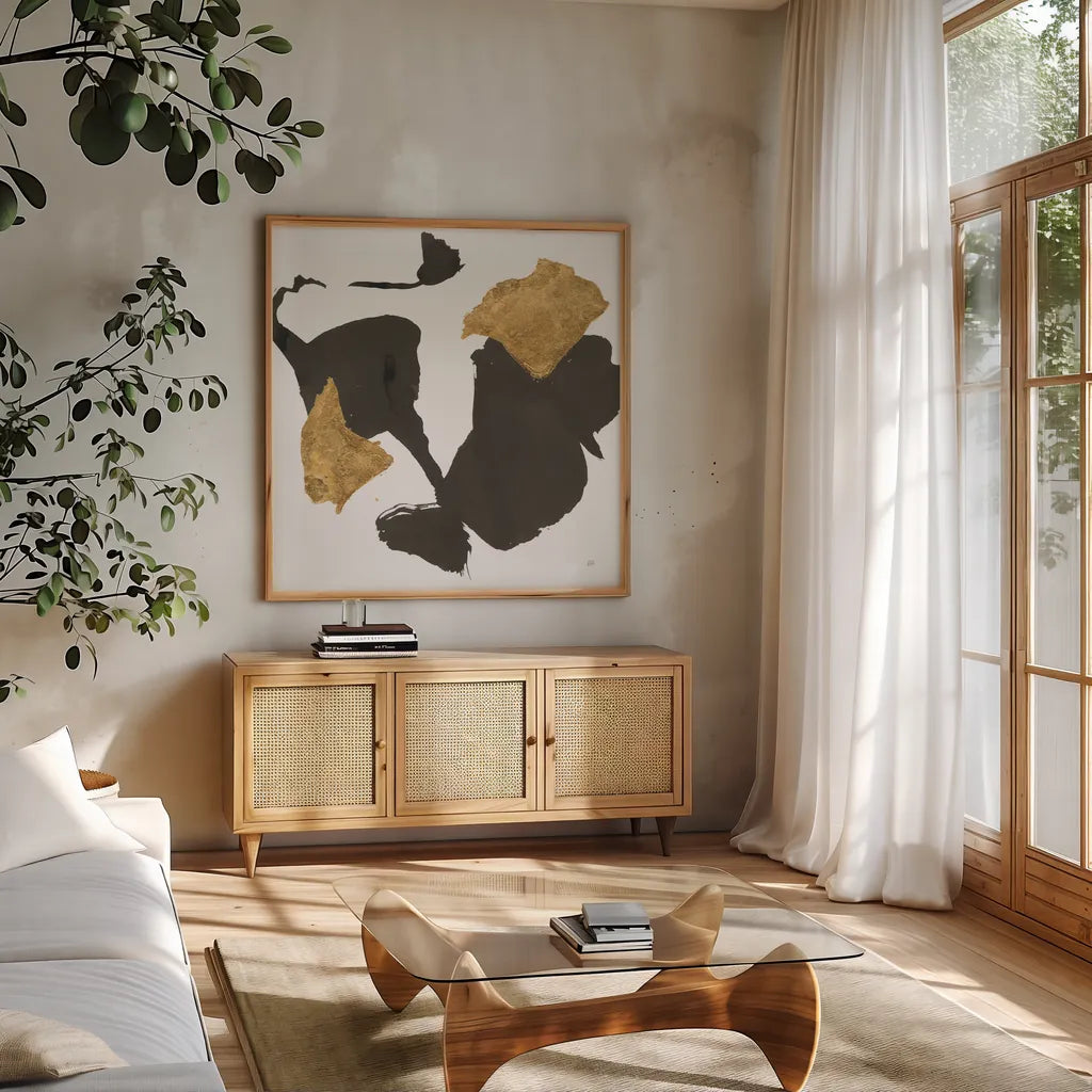 Bold Gold VII by Chris Paschke. Shown in a natural wood frame in a cozy modern living room. Available as an archival giclee rolled canvas, fine art paper, or poster print. SKU 86817a.