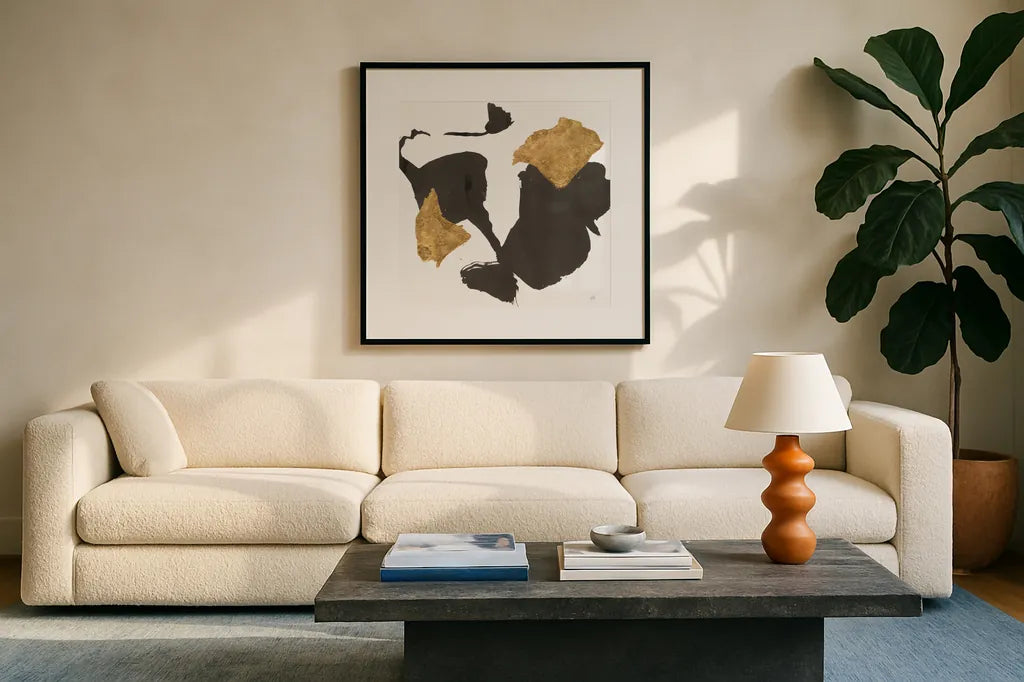 Bold Gold VII by Chris Paschke. Displayed in a glass frame with matte in a clean modern living room. Available as an archival giclee rolled canvas, fine art paper, or poster print. SKU 86817a.