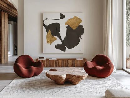 Bold Gold VII by Chris Paschke. Shown as extra-large giant wall art in a modern living room. Available as an archival giclee rolled canvas, fine art paper, or poster print. SKU 86817a.