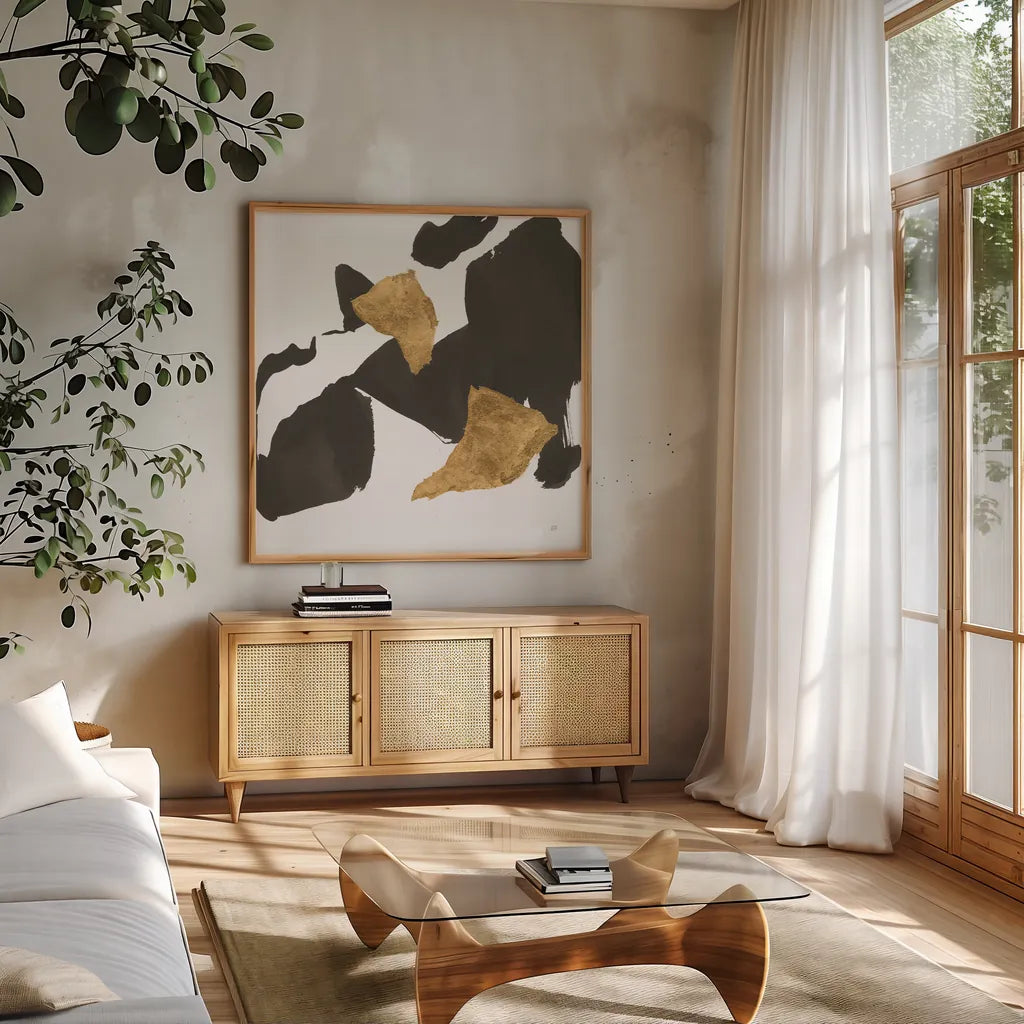 Bold Gold VIII by Chris Paschke. Shown in a natural wood frame in a cozy modern living room. Available as an archival giclee rolled canvas, fine art paper, or poster print. SKU 86818a.