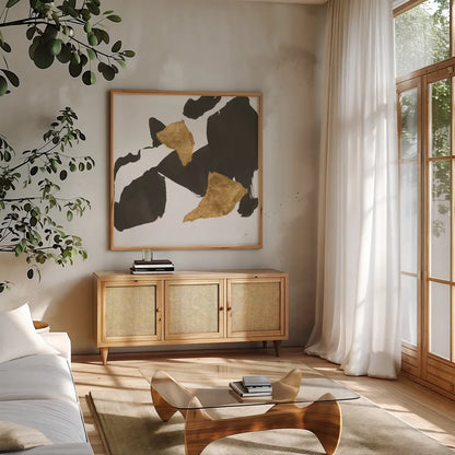 Bold Gold VIII by Chris Paschke. Shown in a natural wood frame in a cozy modern living room. Available as an archival giclee rolled canvas, fine art paper, or poster print. SKU 86818a.