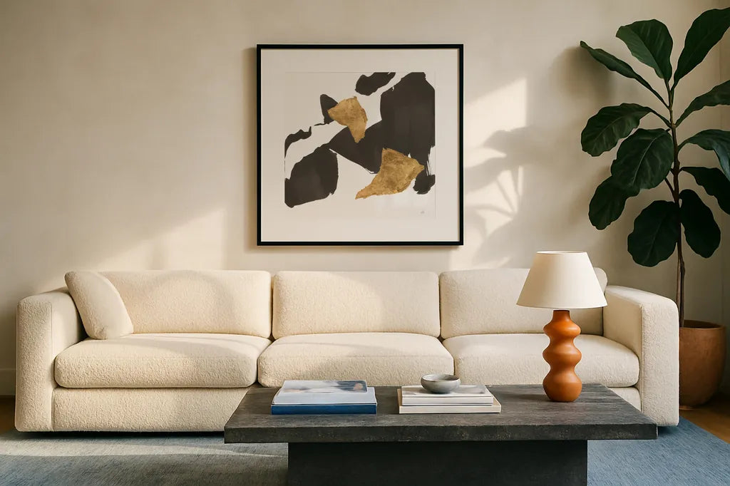 Bold Gold VIII by Chris Paschke. Displayed in a glass frame with matte in a clean modern living room. Available as an archival giclee rolled canvas, fine art paper, or poster print. SKU 86818a.