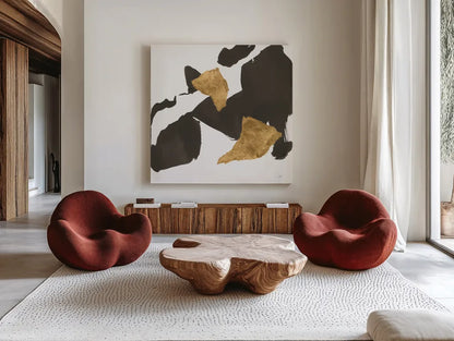 Bold Gold VIII by Chris Paschke. Shown as extra-large giant wall art in a modern living room. Available as an archival giclee rolled canvas, fine art paper, or poster print. SKU 86818a.