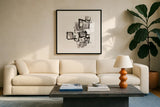 Boxed In I by Chris Paschke. Displayed in a glass frame with matte in a clean modern living room. Available as an archival giclee rolled canvas, fine art paper, or poster print. SKU 66203a.
