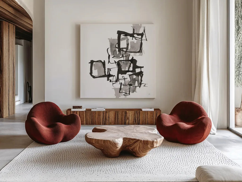 Boxed In I by Chris Paschke. Shown as extra-large giant wall art in a modern living room. Available as an archival giclee rolled canvas, fine art paper, or poster print. SKU 66203a.