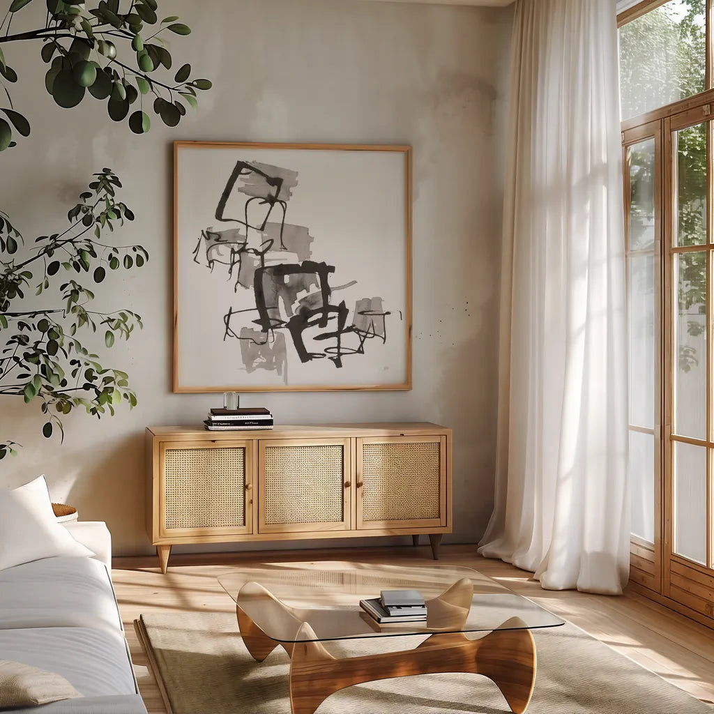 Boxed In II by Chris Paschke. Shown in a natural wood frame in a cozy modern living room. Available as an archival giclee rolled canvas, fine art paper, or poster print. SKU 66204a.