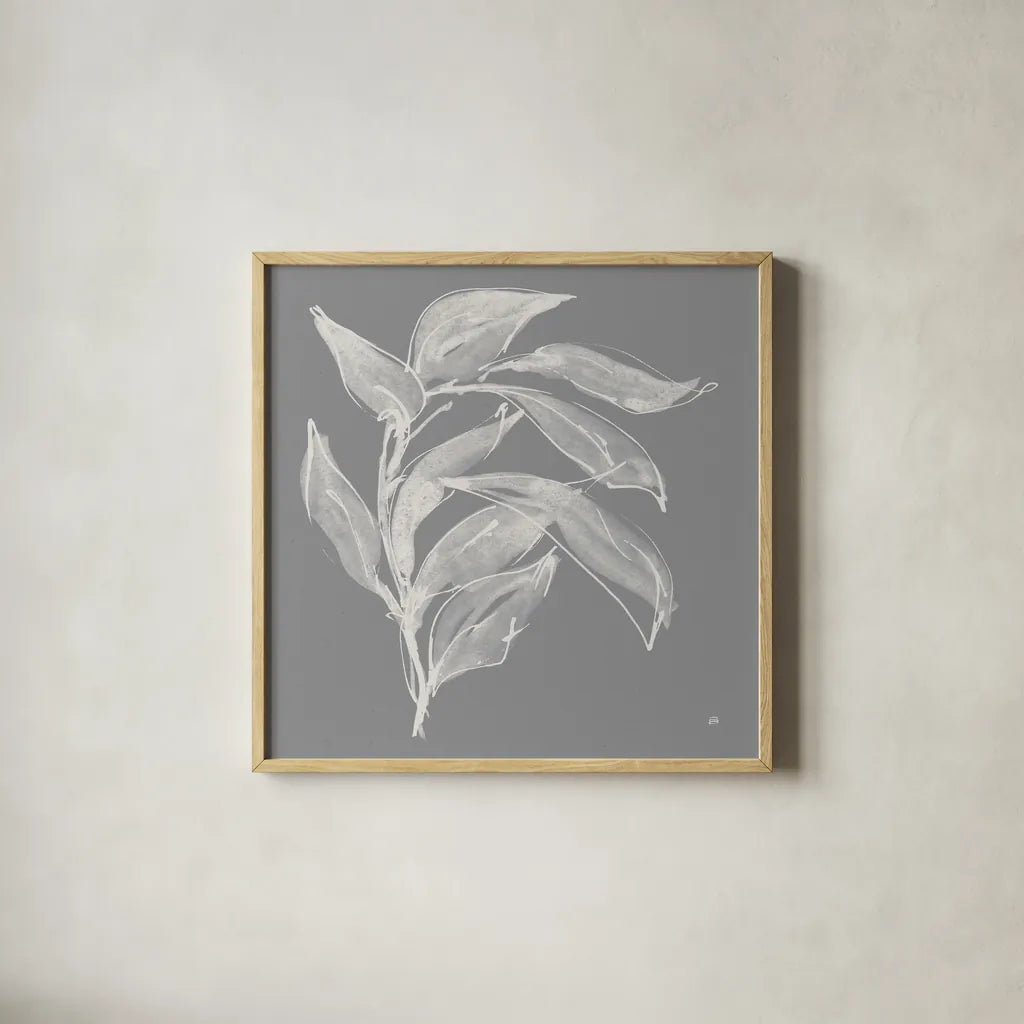 Branch I Gray by Chris Paschke. Shown in a natural wood glass frame for a timeless modern aesthetic. Available as an archival giclee rolled canvas, fine art paper, or poster print. SKU 80482a.