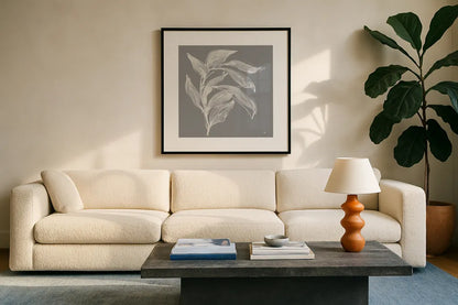 Branch I Gray by Chris Paschke. Displayed in a glass frame with matte in a clean modern living room. Available as an archival giclee rolled canvas, fine art paper, or poster print. SKU 80482a.
