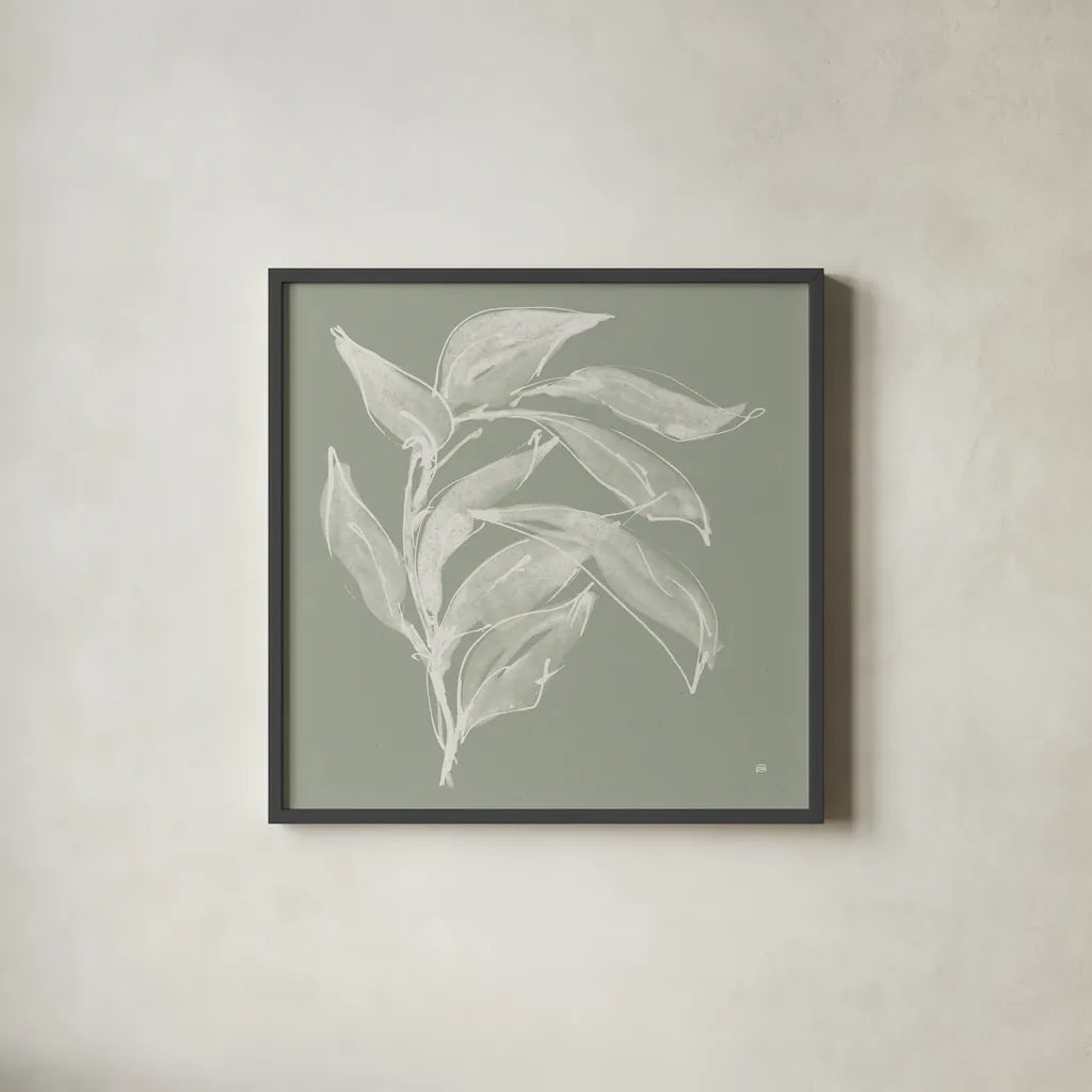 Branch I Sage by Chris Paschke. Shown in a sleek black glass frame for a contemporary gallery look. Available as an archival giclee rolled canvas, fine art paper, or poster print. SKU 80483a.