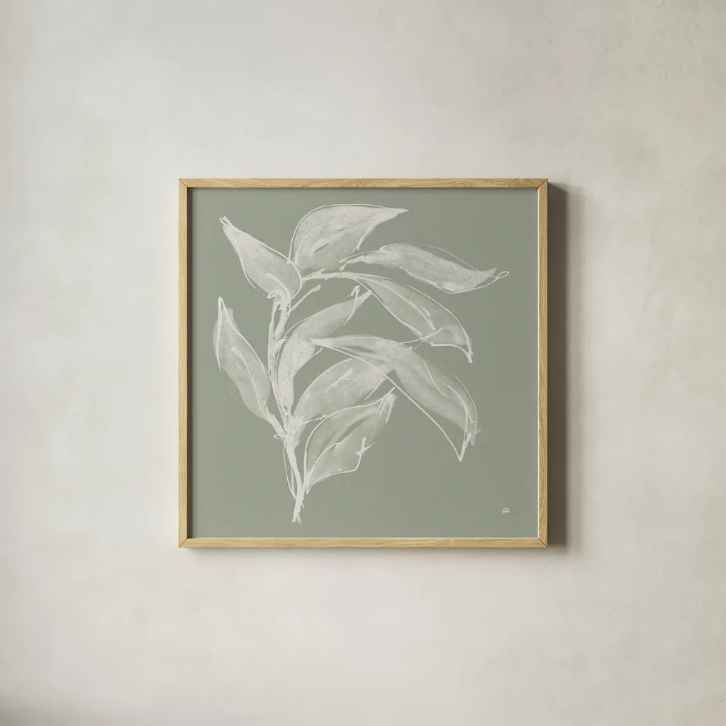 Branch I Sage by Chris Paschke. Shown in a natural wood glass frame for a timeless modern aesthetic. Available as an archival giclee rolled canvas, fine art paper, or poster print. SKU 80483a.