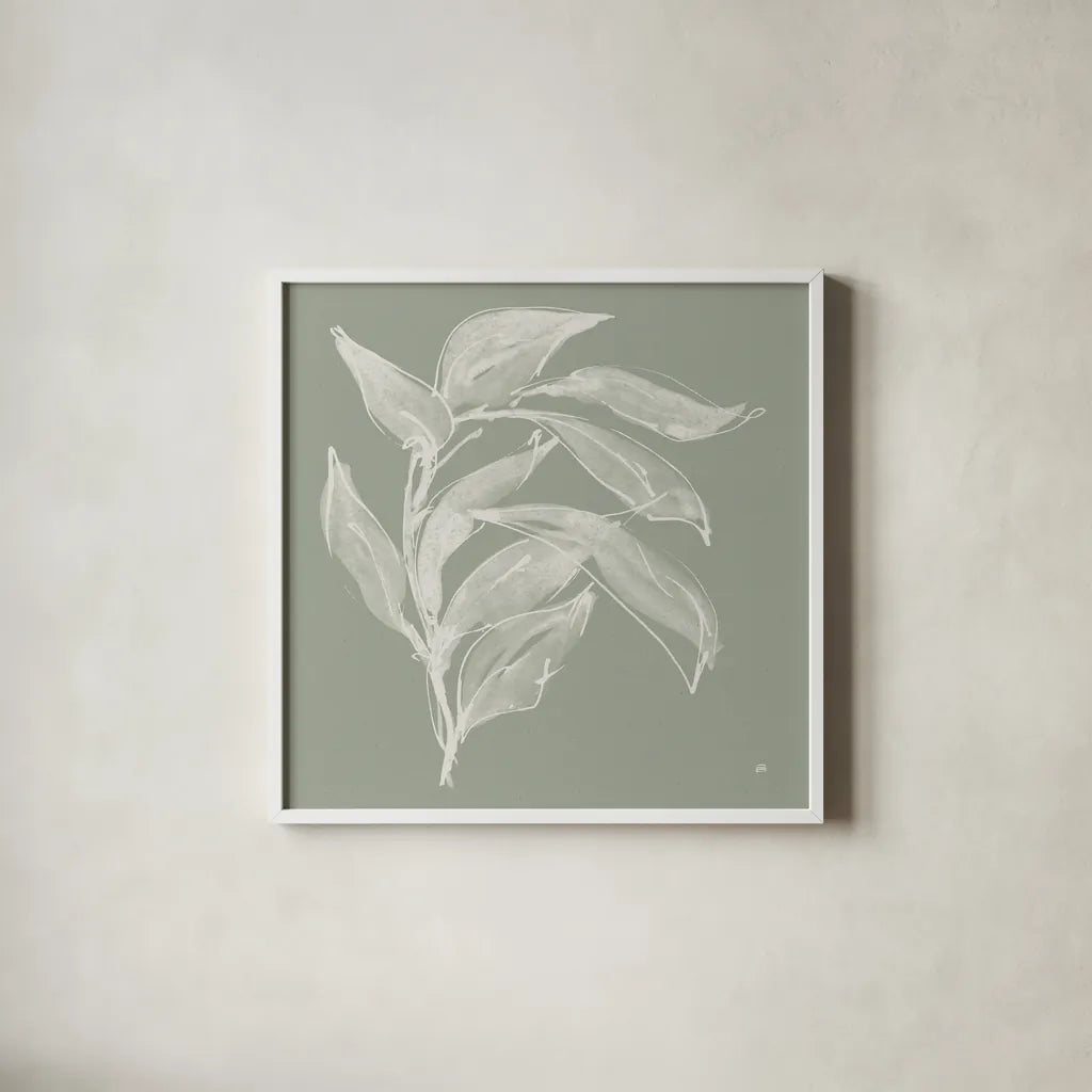 Branch I Sage by Chris Paschke. Shown in a crisp white glass frame for a clean and minimalist style. Available as an archival giclee rolled canvas, fine art paper, or poster print. SKU 80483a.