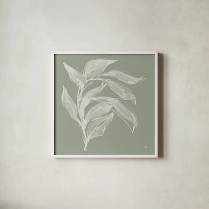 Branch I Sage by Chris Paschke. Shown in a crisp white glass frame for a clean and minimalist style. Available as an archival giclee rolled canvas, fine art paper, or poster print. SKU 80483a.