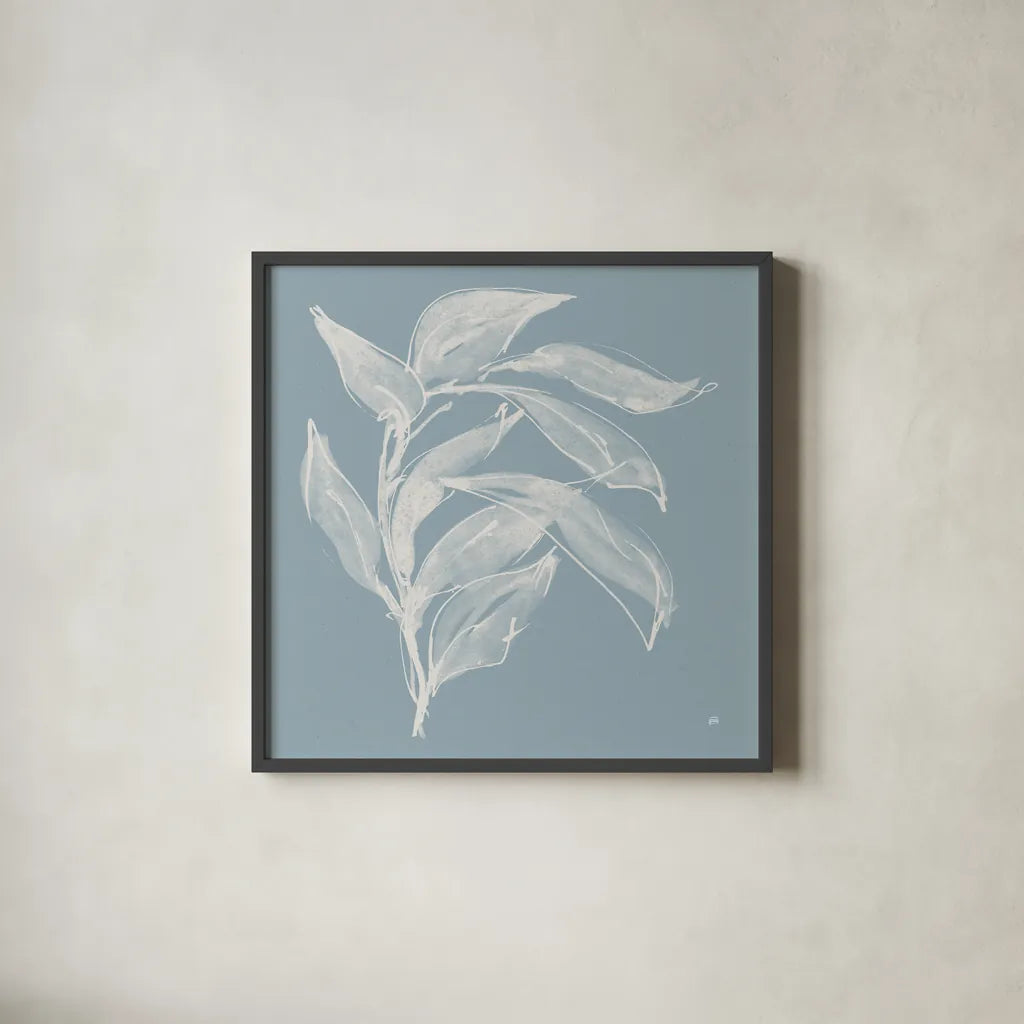 Branch I Slate Blue by Chris Paschke. Shown in a sleek black glass frame for a contemporary gallery look. Available as an archival giclee rolled canvas, fine art paper, or poster print. SKU 80484a.