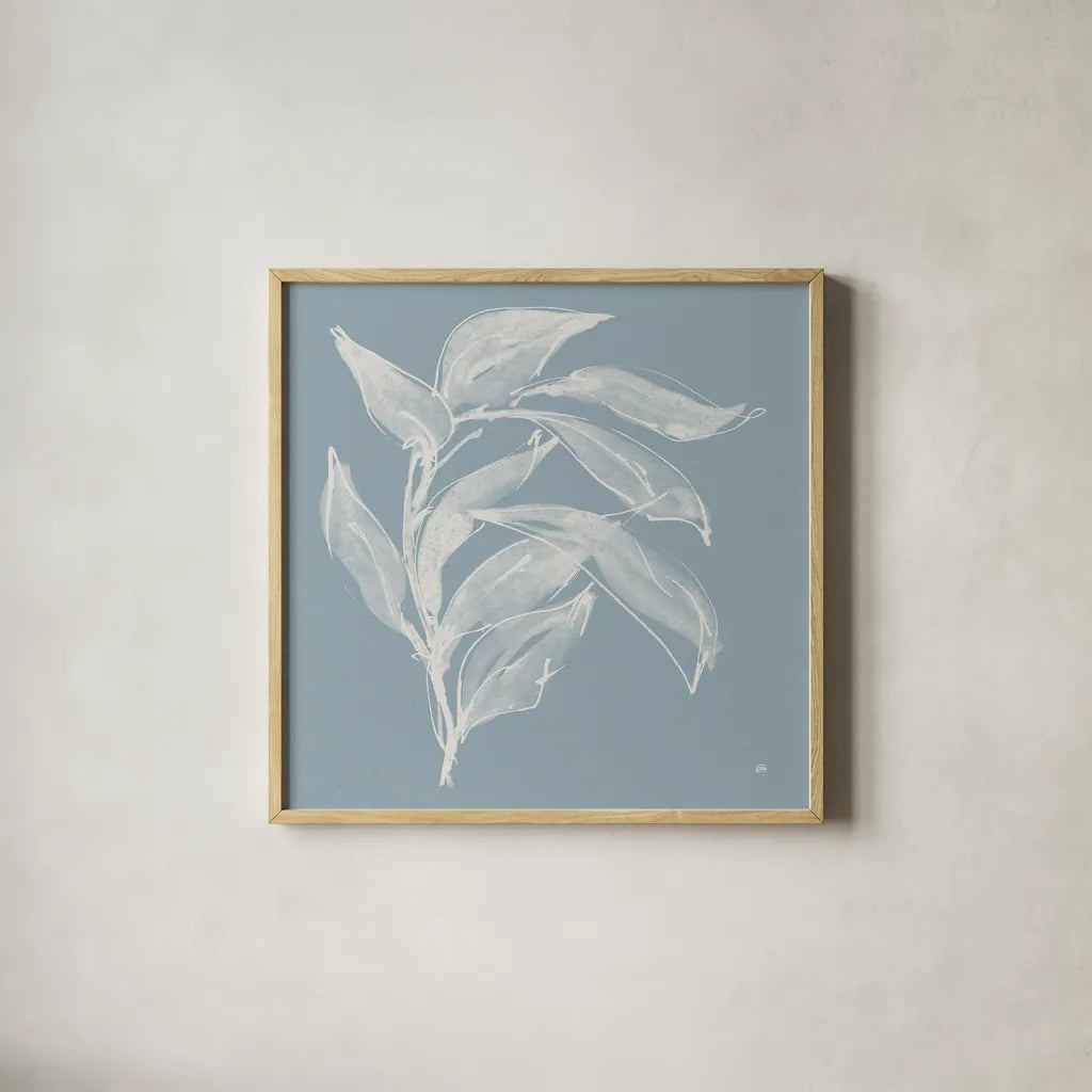 Branch I Slate Blue by Chris Paschke. Shown in a natural wood glass frame for a timeless modern aesthetic. Available as an archival giclee rolled canvas, fine art paper, or poster print. SKU 80484a.