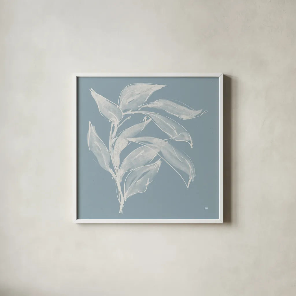 Branch I Slate Blue by Chris Paschke. Shown in a crisp white glass frame for a clean and minimalist style. Available as an archival giclee rolled canvas, fine art paper, or poster print. SKU 80484a.
