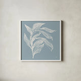 Branch I Slate Blue by Chris Paschke. Shown in a crisp white glass frame for a clean and minimalist style. Available as an archival giclee rolled canvas, fine art paper, or poster print. SKU 80484a.