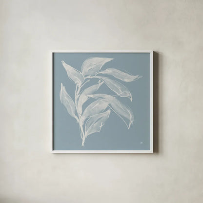 Branch I Slate Blue by Chris Paschke. Shown in a crisp white glass frame for a clean and minimalist style. Available as an archival giclee rolled canvas, fine art paper, or poster print. SKU 80484a.