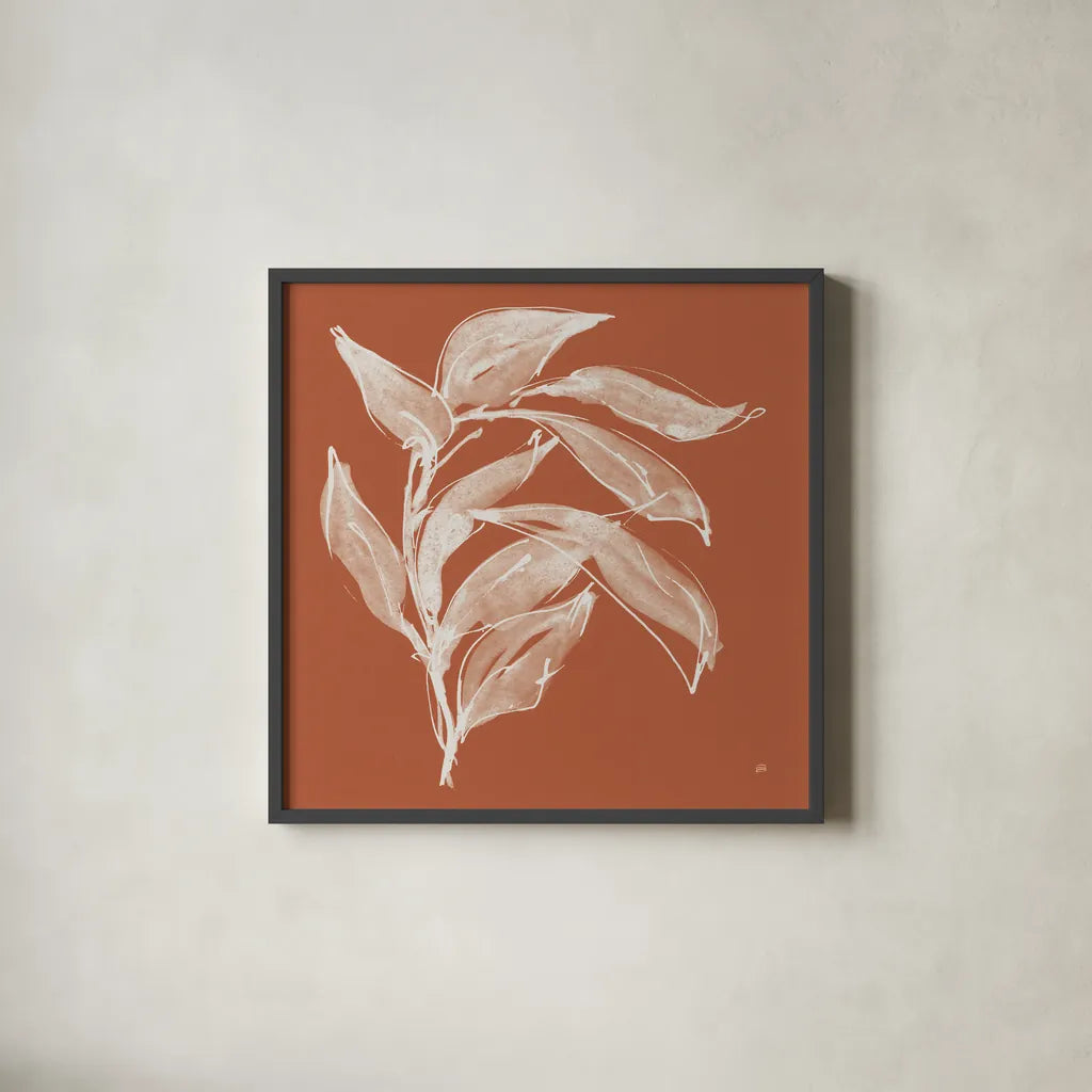 Branch I Terracotta by Chris Paschke. Shown in a sleek black glass frame for a contemporary gallery look. Available as an archival giclee rolled canvas, fine art paper, or poster print. SKU 80485a.