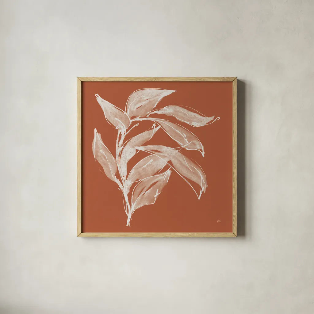Branch I Terracotta by Chris Paschke. Shown in a natural wood glass frame for a timeless modern aesthetic. Available as an archival giclee rolled canvas, fine art paper, or poster print. SKU 80485a.