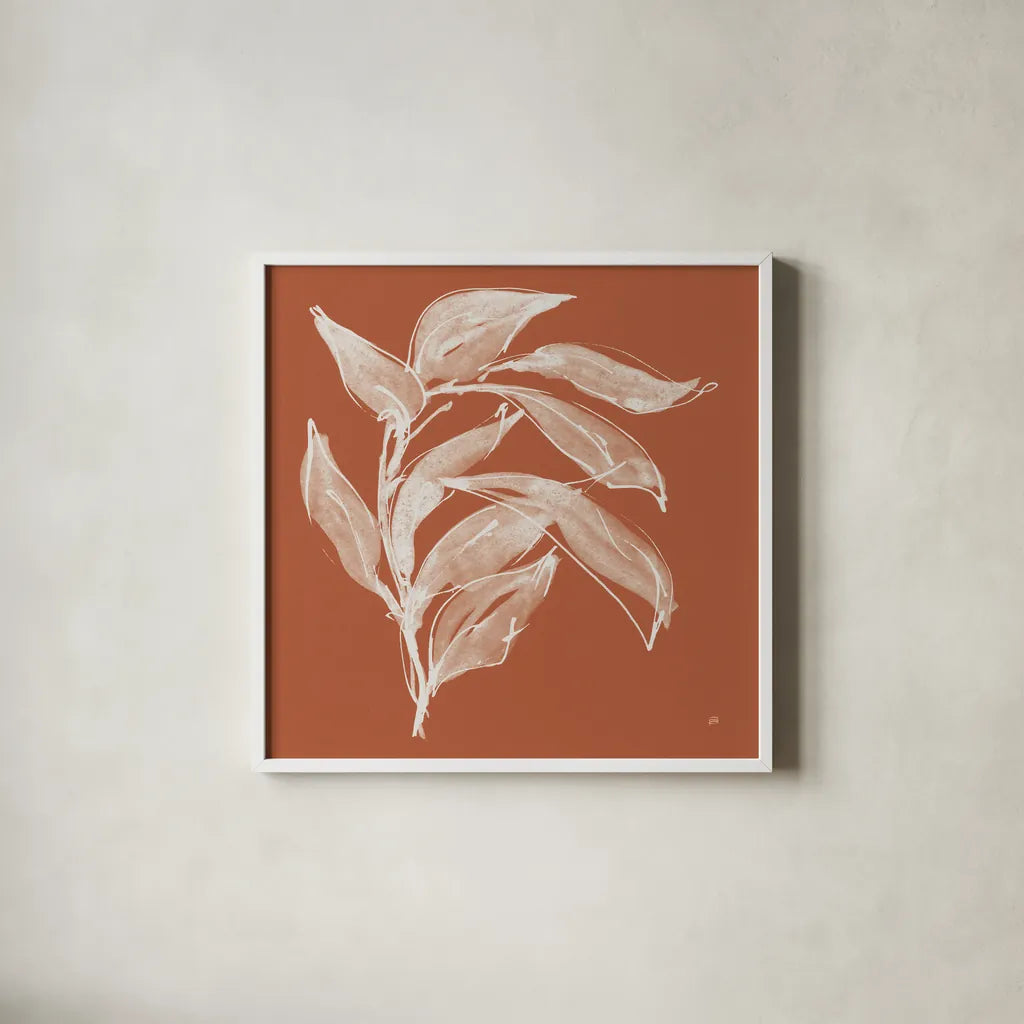Branch I Terracotta by Chris Paschke. Shown in a crisp white glass frame for a clean and minimalist style. Available as an archival giclee rolled canvas, fine art paper, or poster print. SKU 80485a.