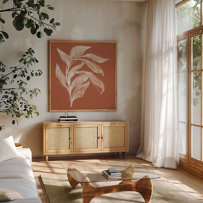 Branch I Terracotta by Chris Paschke. Shown in a natural wood frame in a cozy modern living room. Available as an archival giclee rolled canvas, fine art paper, or poster print. SKU 80485a.
