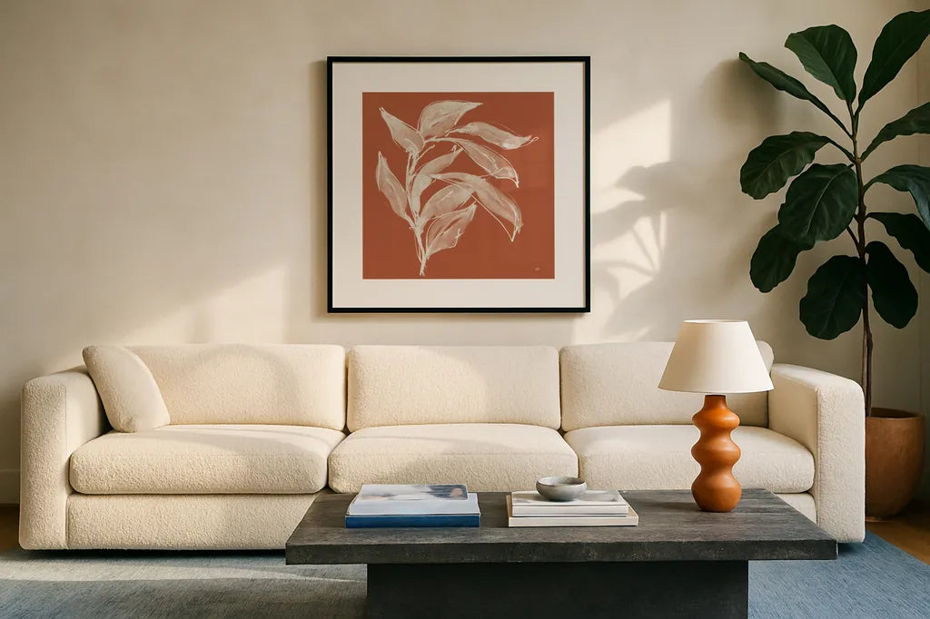 Branch I Terracotta by Chris Paschke. Displayed in a glass frame with matte in a clean modern living room. Available as an archival giclee rolled canvas, fine art paper, or poster print. SKU 80485a.