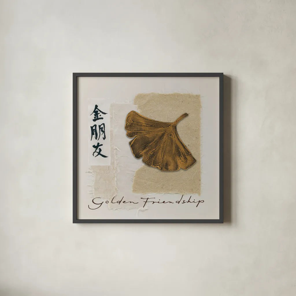 Bronze Leaf I - Golden Friendship by Chris Paschke. Shown in a sleek black glass frame for a contemporary gallery look. Available as an archival giclee rolled canvas, fine art paper, or poster print. SKU 36627a.