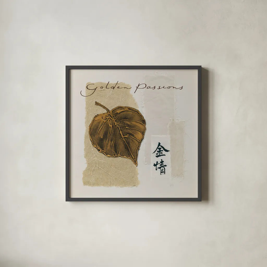 Bronze Leaf III - Golden Passions by Chris Paschke. Shown in a sleek black glass frame for a contemporary gallery look. Available as an archival giclee rolled canvas, fine art paper, or poster print. SKU 36626a.