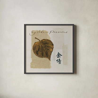 Bronze Leaf III - Golden Passions by Chris Paschke. Shown in a sleek black glass frame for a contemporary gallery look. Available as an archival giclee rolled canvas, fine art paper, or poster print. SKU 36626a.