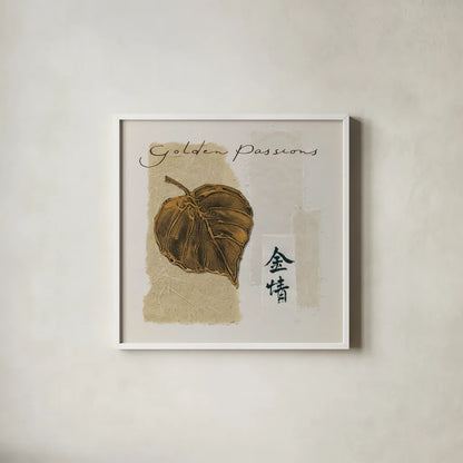 Bronze Leaf III - Golden Passions by Chris Paschke. Shown in a crisp white glass frame for a clean and minimalist style. Available as an archival giclee rolled canvas, fine art paper, or poster print. SKU 36626a.