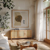 Bronze Leaf III - Golden Passions by Chris Paschke. Shown in a natural wood frame in a cozy modern living room. Available as an archival giclee rolled canvas, fine art paper, or poster print. SKU 36626a.