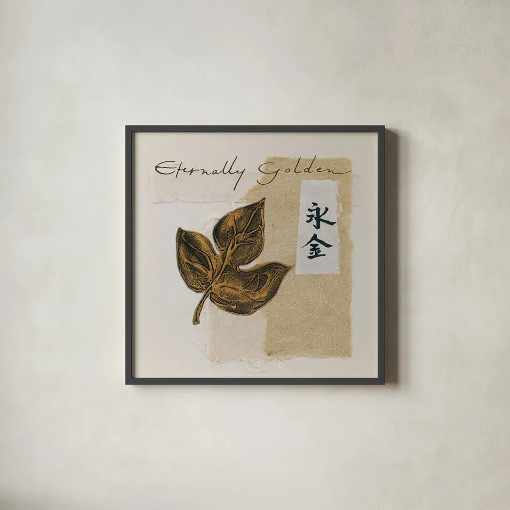 Bronze Leaf IV - Eternally Golden by Chris Paschke. Shown in a sleek black glass frame for a contemporary gallery look. Available as an archival giclee rolled canvas, fine art paper, or poster print. SKU 36624a.