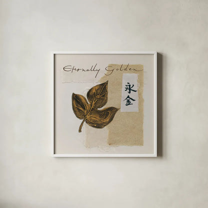 Bronze Leaf IV - Eternally Golden by Chris Paschke. Shown in a crisp white glass frame for a clean and minimalist style. Available as an archival giclee rolled canvas, fine art paper, or poster print. SKU 36624a.