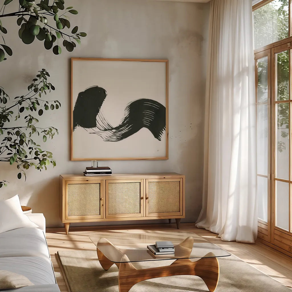 Brushed I by Chris Paschke. Shown in a natural wood frame in a cozy modern living room. Available as an archival giclee rolled canvas, fine art paper, or poster print. SKU 79471a.