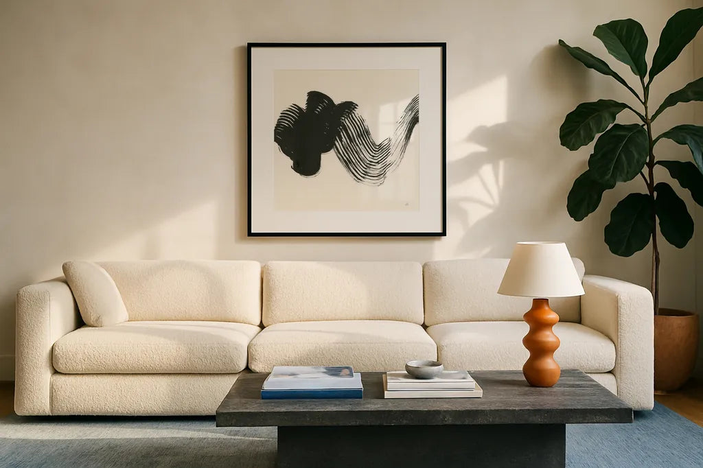 Brushed II by Chris Paschke. Displayed in a glass frame with matte in a clean modern living room. Available as an archival giclee rolled canvas, fine art paper, or poster print. SKU 79472a.
