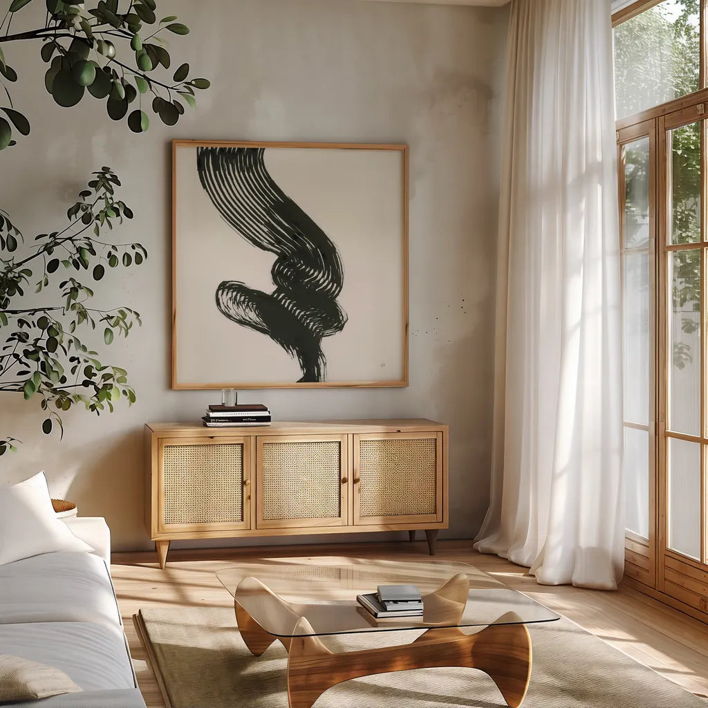 Brushed III by Chris Paschke. Shown in a natural wood frame in a cozy modern living room. Available as an archival giclee rolled canvas, fine art paper, or poster print. SKU 79473a.