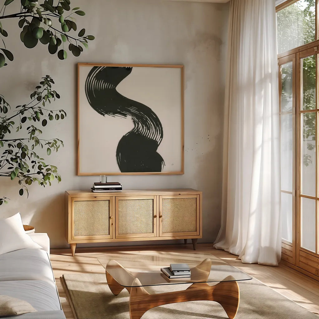 Brushed IV by Chris Paschke. Shown in a natural wood frame in a cozy modern living room. Available as an archival giclee rolled canvas, fine art paper, or poster print. SKU 79474a.