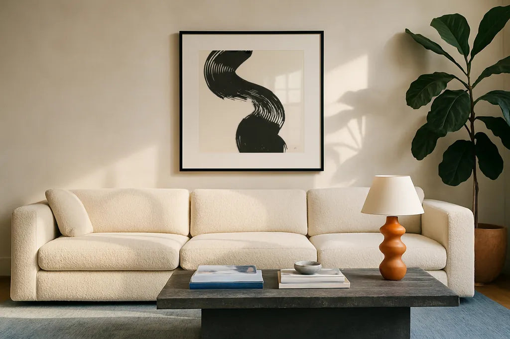 Brushed IV by Chris Paschke. Displayed in a glass frame with matte in a clean modern living room. Available as an archival giclee rolled canvas, fine art paper, or poster print. SKU 79474a.