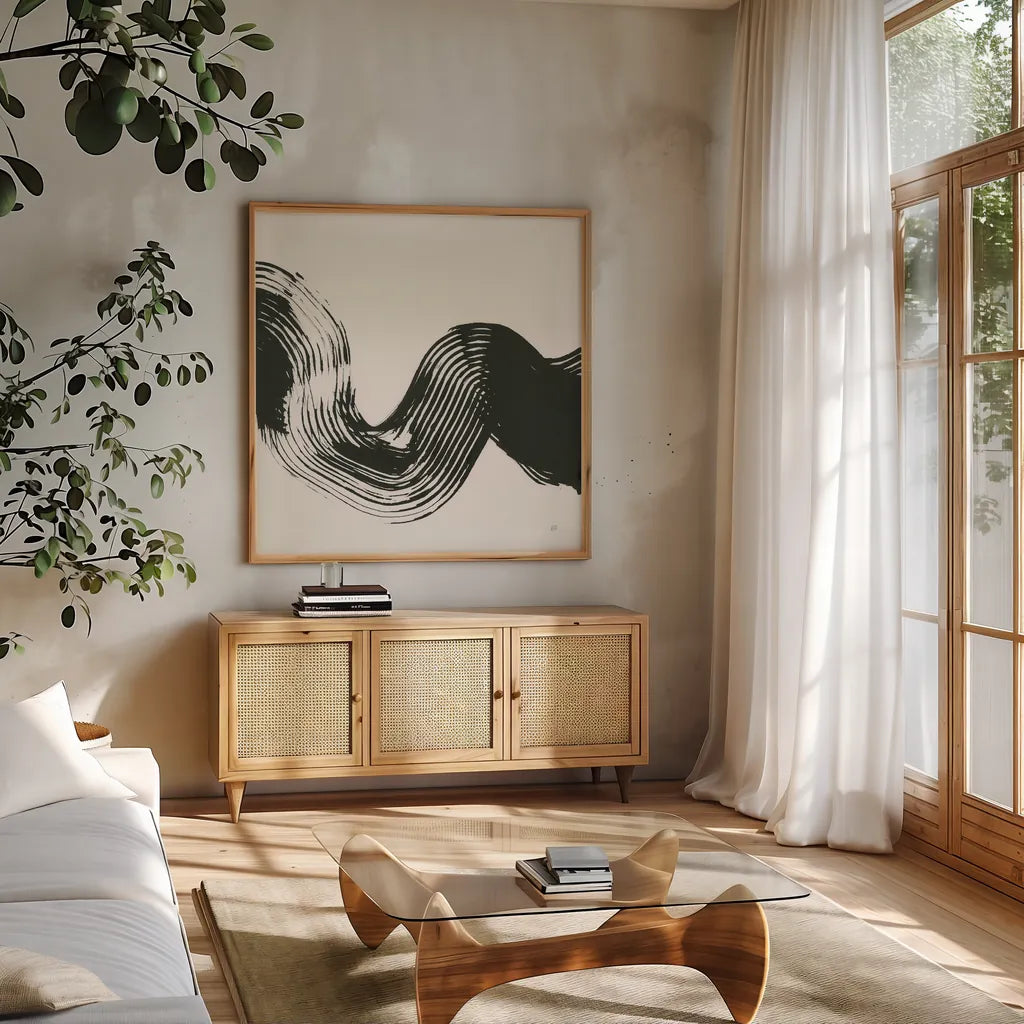 Brushed V by Chris Paschke. Shown in a natural wood frame in a cozy modern living room. Available as an archival giclee rolled canvas, fine art paper, or poster print. SKU 79475a.