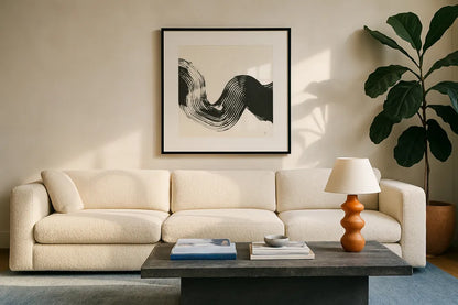 Brushed V by Chris Paschke. Displayed in a glass frame with matte in a clean modern living room. Available as an archival giclee rolled canvas, fine art paper, or poster print. SKU 79475a.