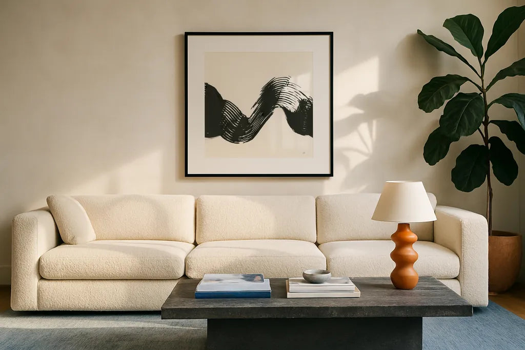 Brushed VI by Chris Paschke. Displayed in a glass frame with matte in a clean modern living room. Available as an archival giclee rolled canvas, fine art paper, or poster print. SKU 79476a.