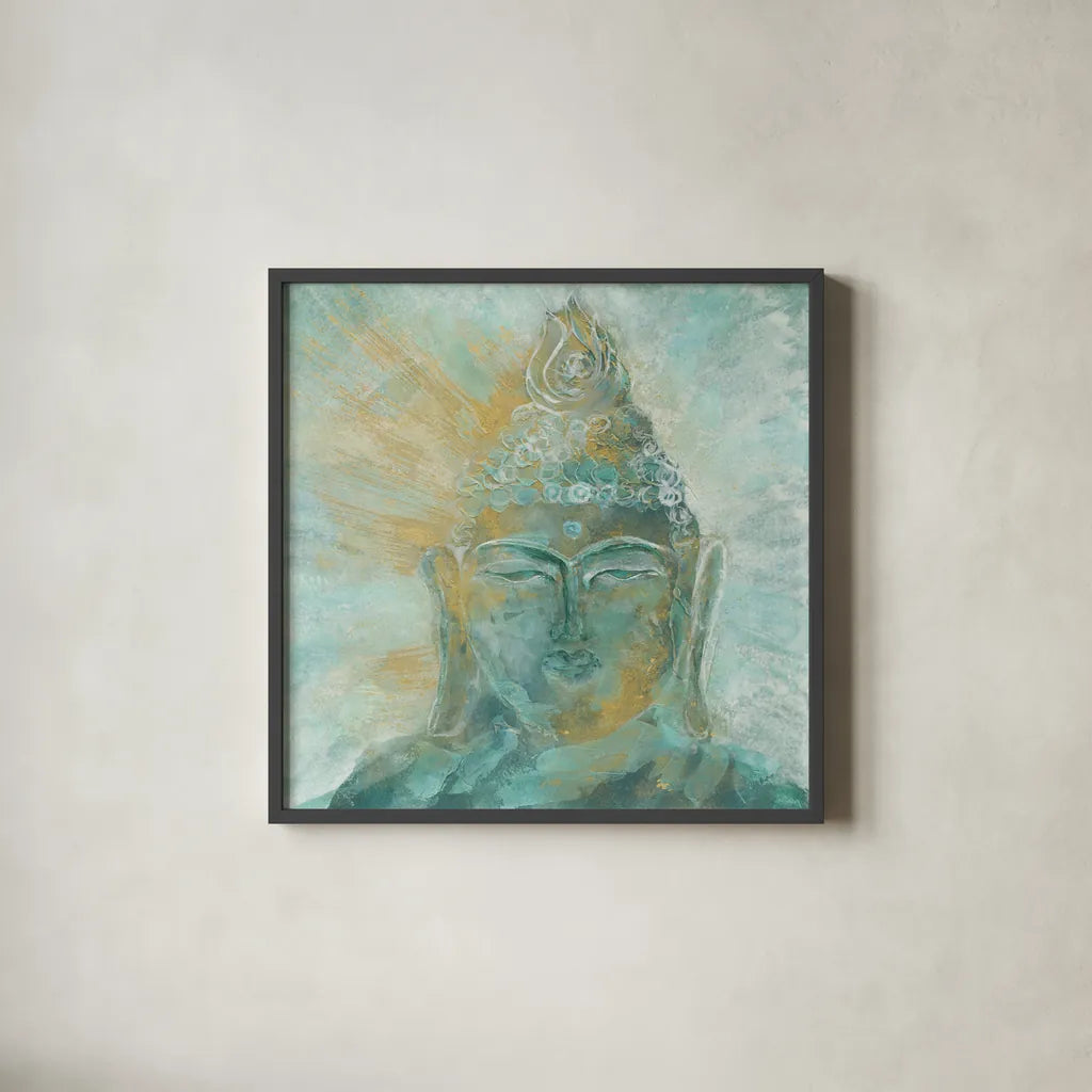 Buddha Bright I by Chris Paschke. Shown in a sleek black glass frame for a contemporary gallery look. Available as an archival giclee rolled canvas, fine art paper, or poster print. SKU 48022a.