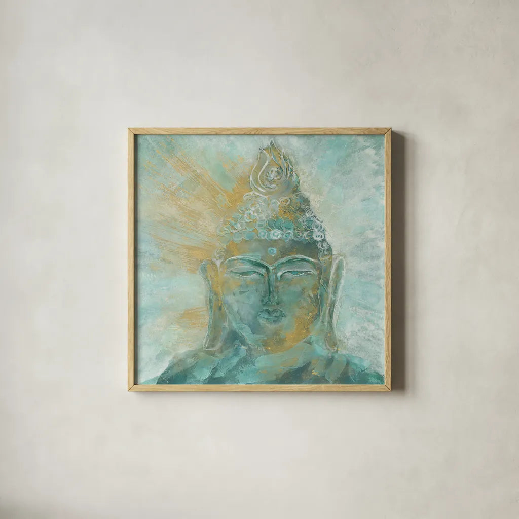 Buddha Bright I by Chris Paschke. Shown in a natural wood glass frame for a timeless modern aesthetic. Available as an archival giclee rolled canvas, fine art paper, or poster print. SKU 48022a.