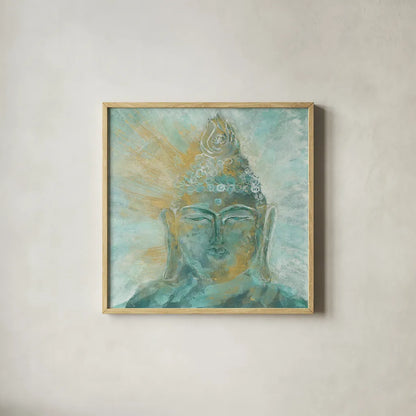 Buddha Bright I by Chris Paschke. Shown in a natural wood glass frame for a timeless modern aesthetic. Available as an archival giclee rolled canvas, fine art paper, or poster print. SKU 48022a.