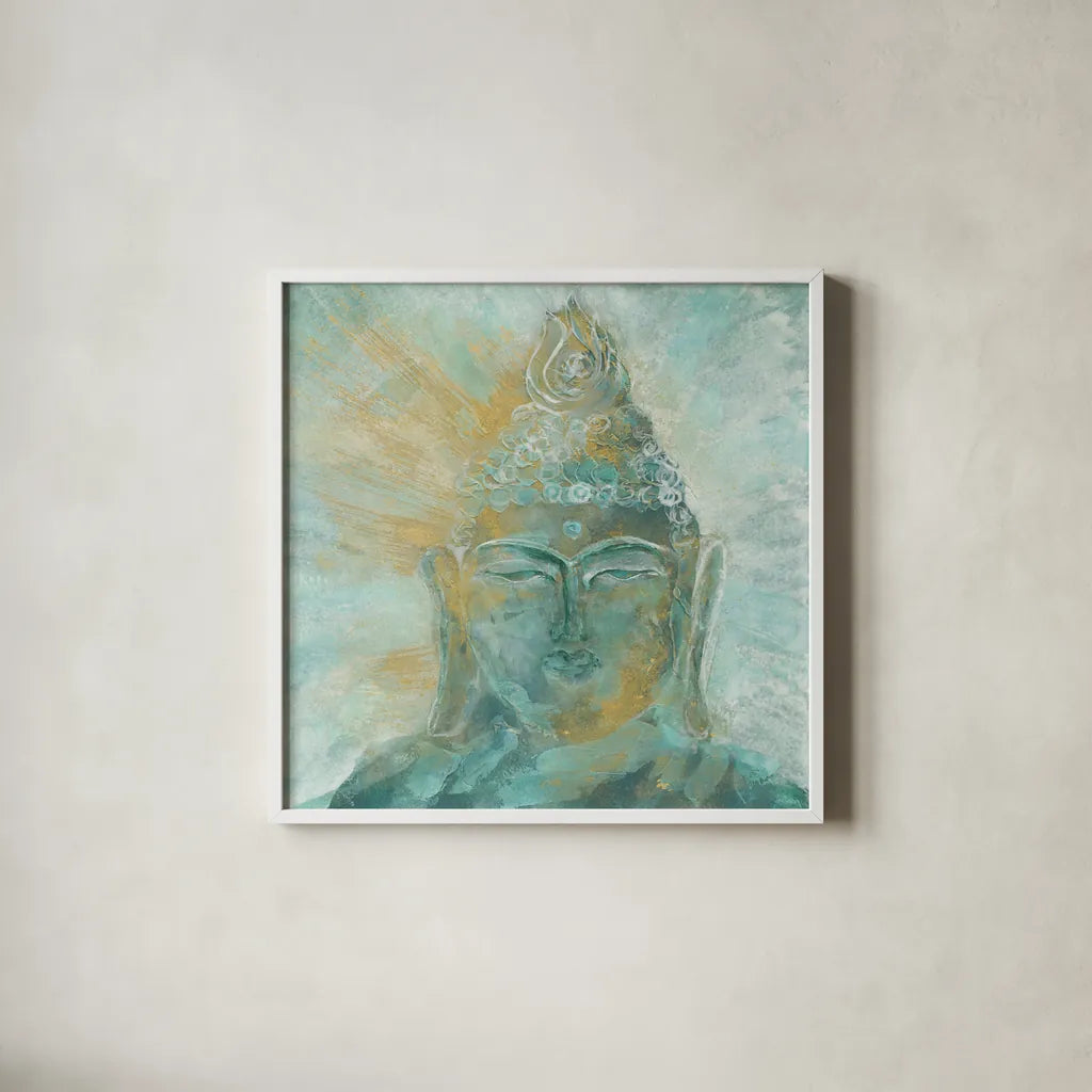 Buddha Bright I by Chris Paschke. Shown in a crisp white glass frame for a clean and minimalist style. Available as an archival giclee rolled canvas, fine art paper, or poster print. SKU 48022a.