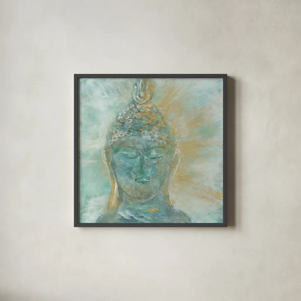 Buddha Bright II by Chris Paschke. Shown in a sleek black glass frame for a contemporary gallery look. Available as an archival giclee rolled canvas, fine art paper, or poster print. SKU 48023a.